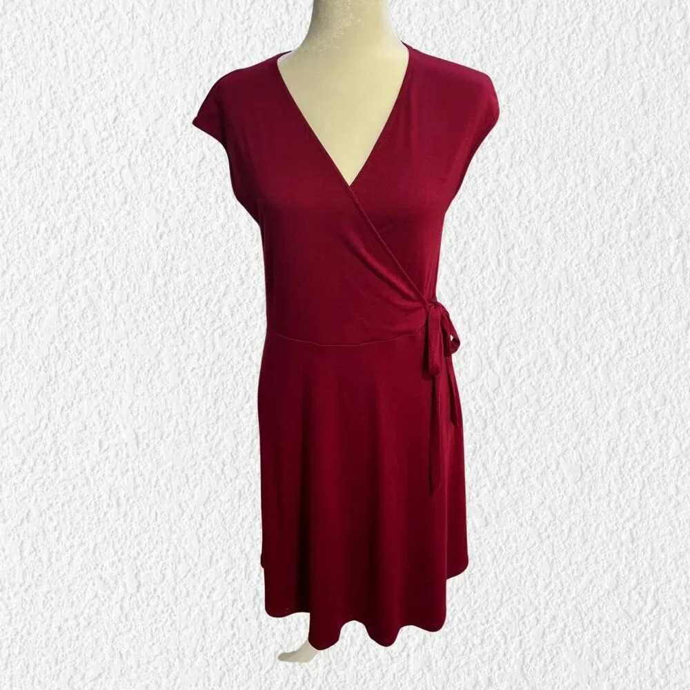 Charmyi Women's Burgundy Faux Wrap Midi Dress V Neck Pockets Medium